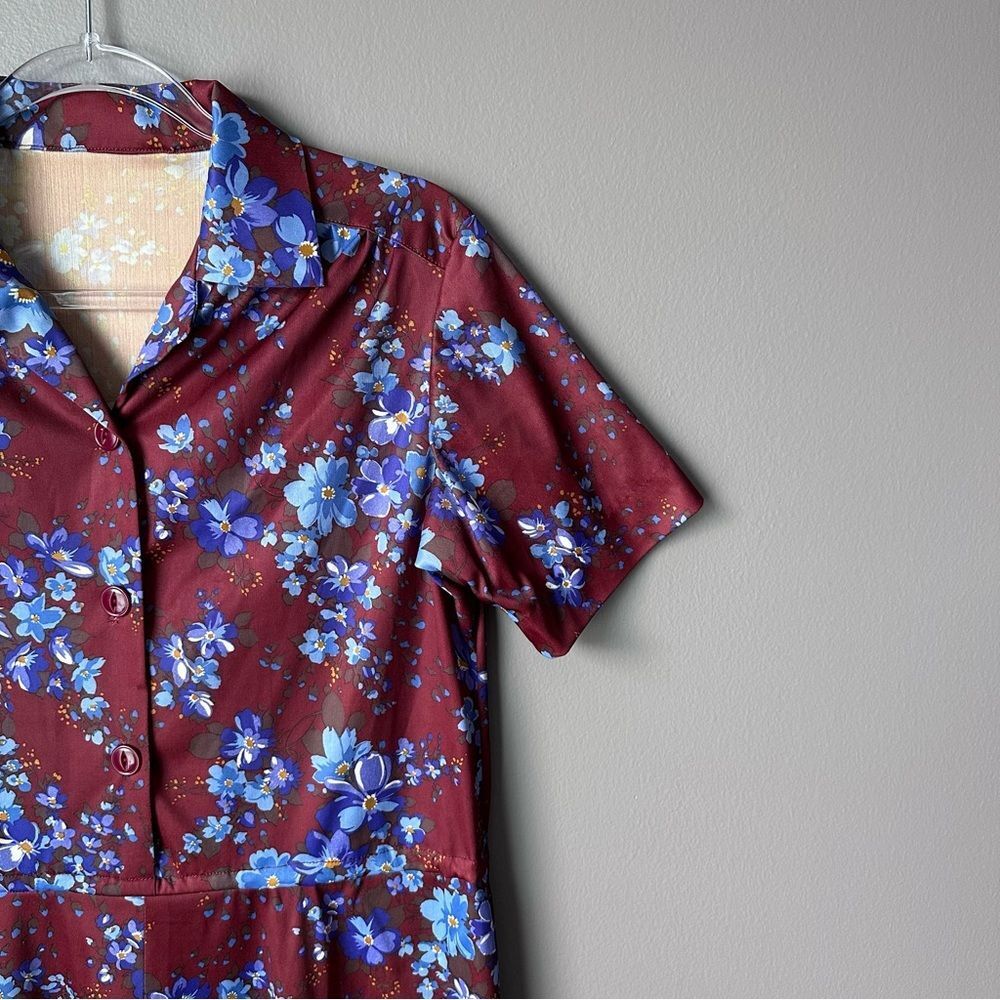 Vintage Brown and Violet Floral Midi Dress A Line Short Sleeves Women’s Size M - Picture 4 of 8